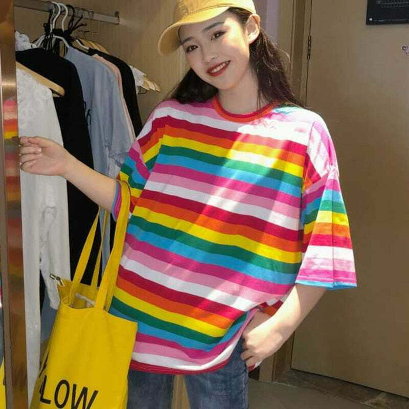 Y2K Striped Oversize Pink Rainbow Tee - 90s Grunge, Retro Summer, Pastel Goth Fashion