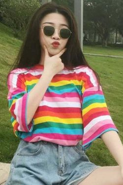 Y2K Striped Oversize Pink Rainbow Tee - 90s Grunge, Retro Summer, Pastel Goth Fashion
