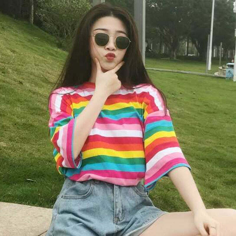 Y2K Striped Oversize Pink Rainbow Tee - 90s Grunge, Retro Summer, Pastel Goth Fashion