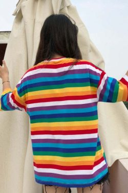 Y2K Striped Oversize Rainbow Tee - Retro 90s Grunge, Summer Y2K Outfits, Baby Tees Y2K