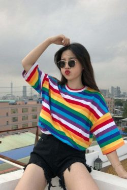 Y2K Striped Oversize Rainbow Tee - Retro 90s Grunge, Summer Y2K Outfits, Baby Tees Y2K