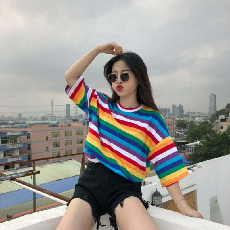 Y2K Striped Oversize Rainbow Tee - Retro 90s Grunge, Summer Y2K Outfits, Baby Tees Y2K