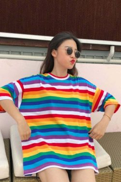 Y2K Striped Oversize Rainbow Tee - Retro 90s Grunge, Summer Y2K Outfits, Baby Tees Y2K