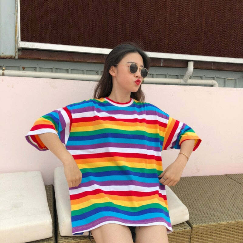 Y2K Striped Oversize Rainbow Tee - Retro 90s Grunge, Summer Y2K Outfits, Baby Tees Y2K