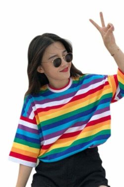 Y2K Striped Oversize Rainbow Tee - Retro 90s Grunge, Summer Y2K Outfits, Baby Tees Y2K