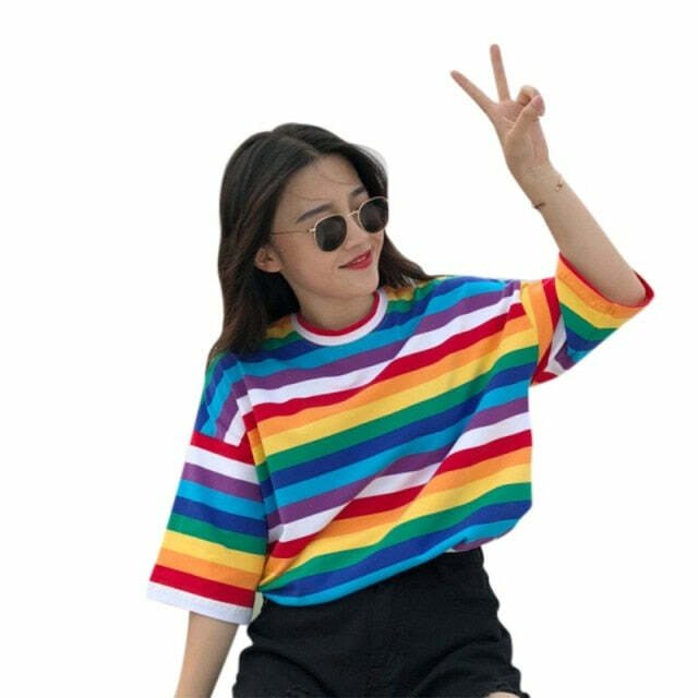 Y2K Striped Oversize Rainbow Tee - Retro 90s Grunge, Summer Y2K Outfits, Baby Tees Y2K