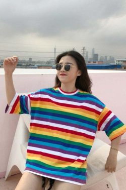 Y2K Striped Oversize Rainbow Tee - Retro 90s Grunge, Summer Y2K Outfits, Baby Tees Y2K