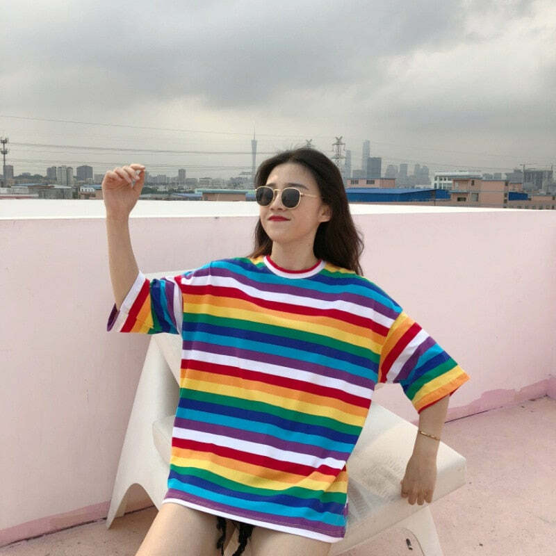 Y2K Striped Oversize Rainbow Tee - Retro 90s Grunge, Summer Y2K Outfits, Baby Tees Y2K