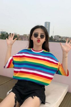Y2K Striped Oversize Rainbow Tee - Retro 90s Grunge, Summer Y2K Outfits, Baby Tees Y2K