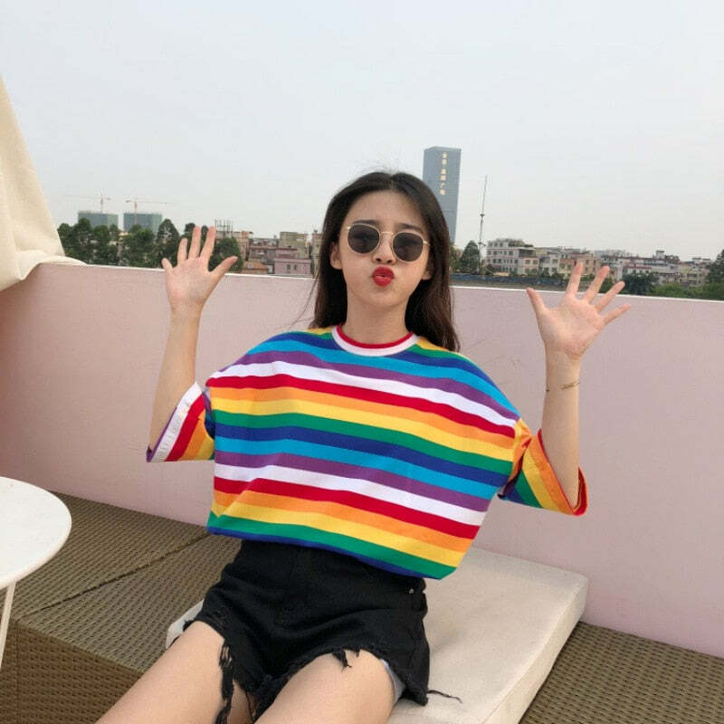 Y2K Striped Oversize Rainbow Tee - Retro 90s Grunge, Summer Y2K Outfits, Baby Tees Y2K