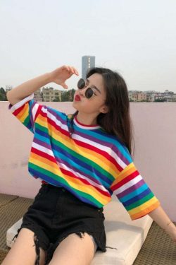 Y2K Striped Oversize Rainbow Tee - Retro 90s Grunge, Summer Y2K Outfits, Baby Tees Y2K