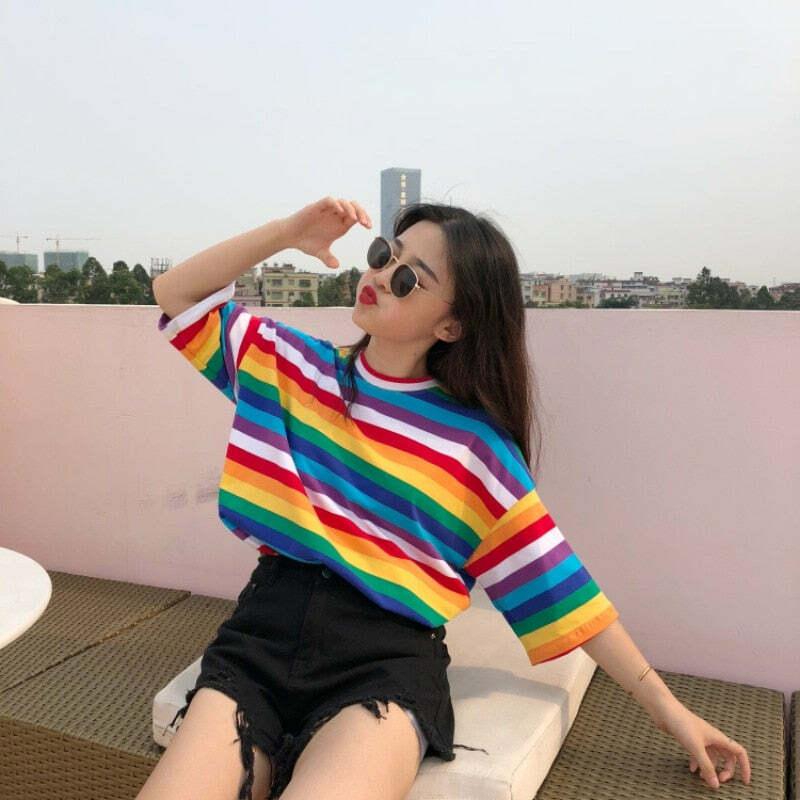 Y2K Striped Oversize Rainbow Tee - Retro 90s Grunge, Summer Y2K Outfits, Baby Tees Y2K