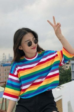 Y2K Striped Oversize Rainbow Tee - Retro 90s Grunge, Summer Y2K Outfits, Baby Tees Y2K