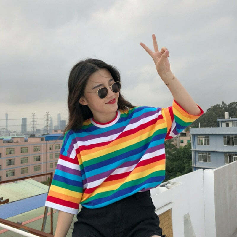 Y2K Striped Oversize Rainbow Tee - Retro 90s Grunge, Summer Y2K Outfits, Baby Tees Y2K