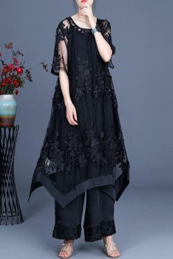 Y2K Summer Black Dress & Wide Leg Pants Suspender Skirt Set - 90s Grunge & Retro Fashion