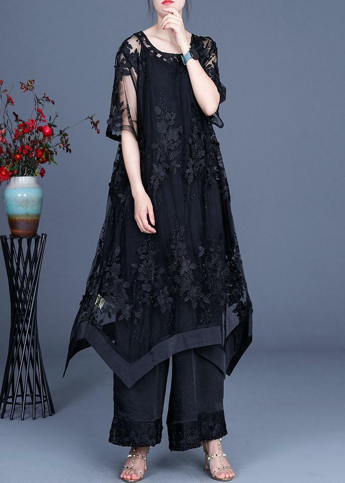 Y2K Summer Black Dress & Wide Leg Pants Suspender Skirt Set - 90s Grunge & Retro Fashion