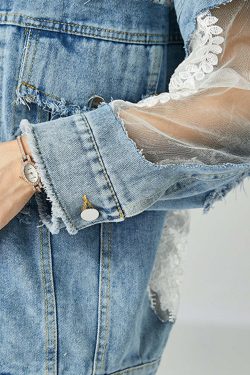 Y2K Summer Blue Embroidered Tulle Patchwork Denim Coat - Retro 90s Grunge Fashion