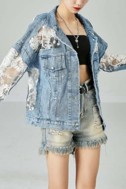 Y2K Summer Blue Embroidered Tulle Patchwork Denim Coat - Retro 90s Grunge Fashion