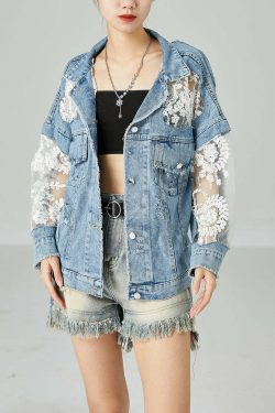 Y2K Summer Blue Embroidered Tulle Patchwork Denim Coat - Retro 90s Grunge Fashion