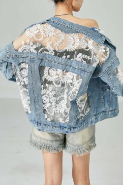 Y2K Summer Blue Embroidered Tulle Patchwork Denim Coat - Retro 90s Grunge Fashion