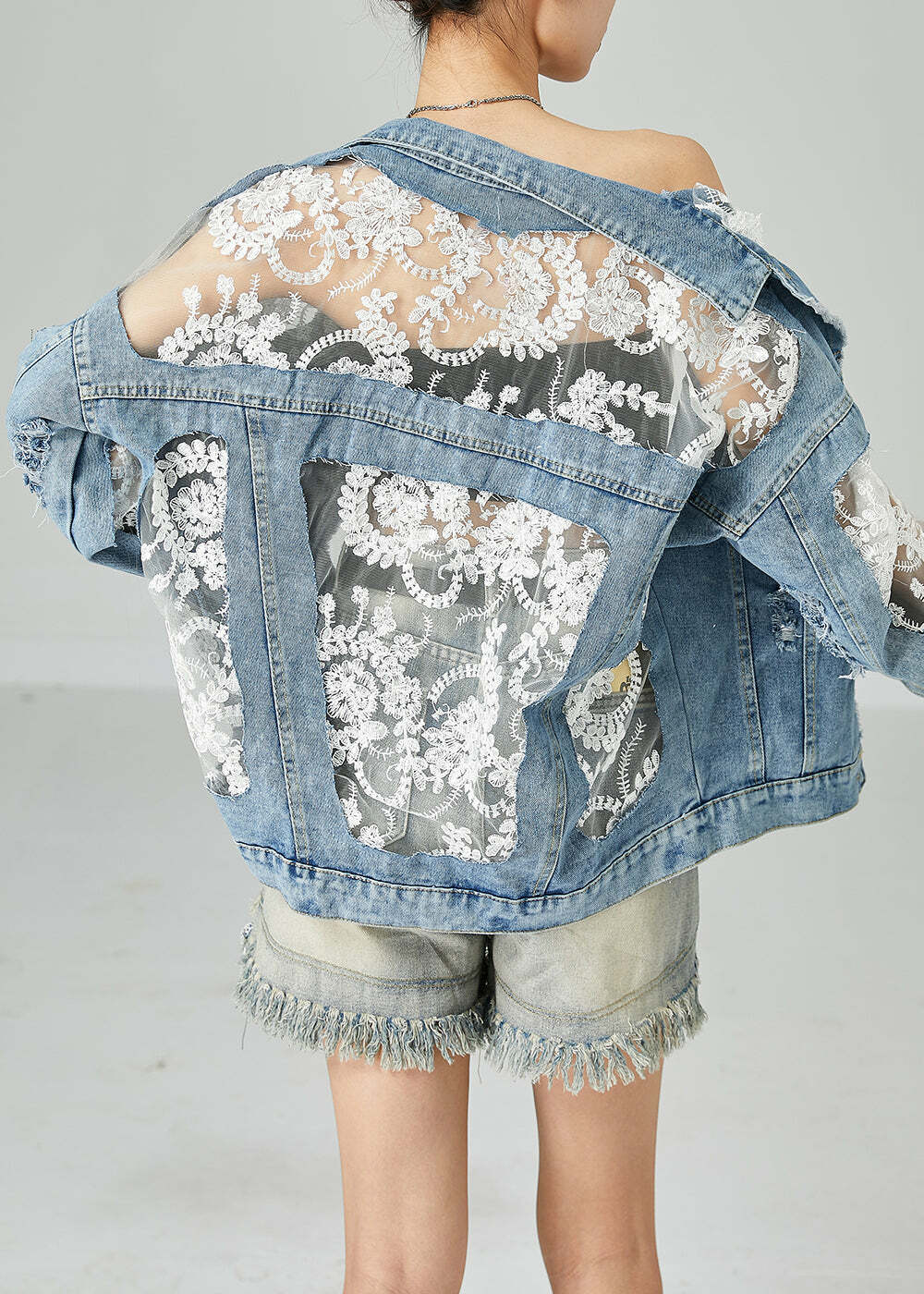 Y2K Summer Blue Embroidered Tulle Patchwork Denim Coat - Retro 90s Grunge Fashion
