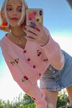 Y2K Summer Cherry Sweater - 90s Grunge, Retro Y2K Fashion, Pastel Goth, Y2K Party Outfit
