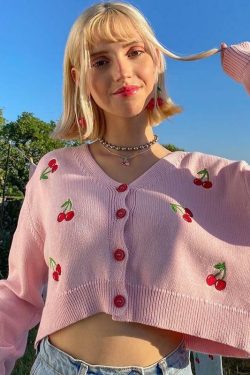 Y2K Summer Cherry Sweater - 90s Grunge, Retro Y2K Fashion, Pastel Goth, Y2K Party Outfit