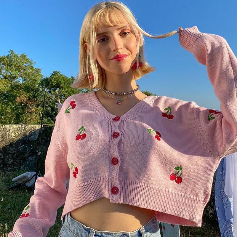 Y2K Summer Cherry Sweater - 90s Grunge, Retro Y2K Fashion, Pastel Goth, Y2K Party Outfit