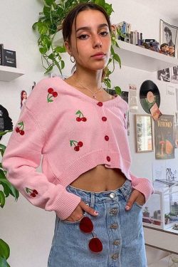 Y2K Summer Cherry Sweater - 90s Grunge, Retro Y2K Fashion, Pastel Goth, Y2K Party Outfit