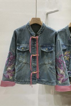 Y2K Summer French Denim Blue Embroidered Button Long Sleeve - 90s Grunge Retro Fashion