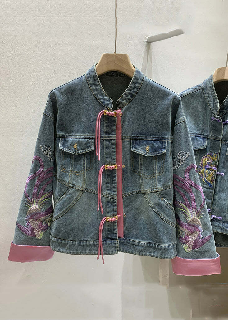 Y2K Summer French Denim Blue Embroidered Button Long Sleeve - 90s Grunge Retro Fashion