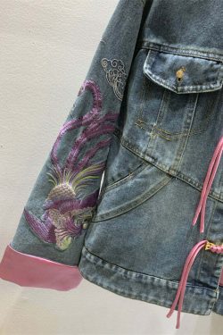 Y2K Summer French Denim Blue Embroidered Button Long Sleeve - 90s Grunge Retro Fashion