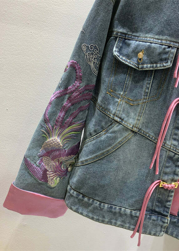 Y2K Summer French Denim Blue Embroidered Button Long Sleeve - 90s Grunge Retro Fashion