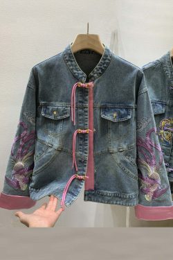 Y2K Summer French Denim Blue Embroidered Button Long Sleeve - 90s Grunge Retro Fashion