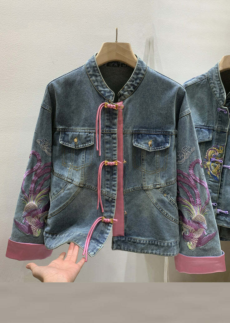 Y2K Summer French Denim Blue Embroidered Button Long Sleeve - 90s Grunge Retro Fashion