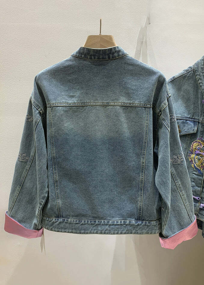Y2K Summer French Denim Blue Embroidered Button Long Sleeve - 90s Grunge Retro Fashion