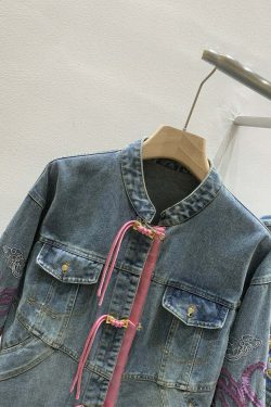 Y2K Summer French Denim Blue Embroidered Button Long Sleeve - 90s Grunge Retro Fashion