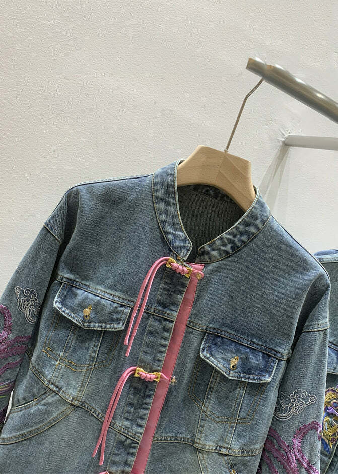 Y2K Summer French Denim Blue Embroidered Button Long Sleeve - 90s Grunge Retro Fashion