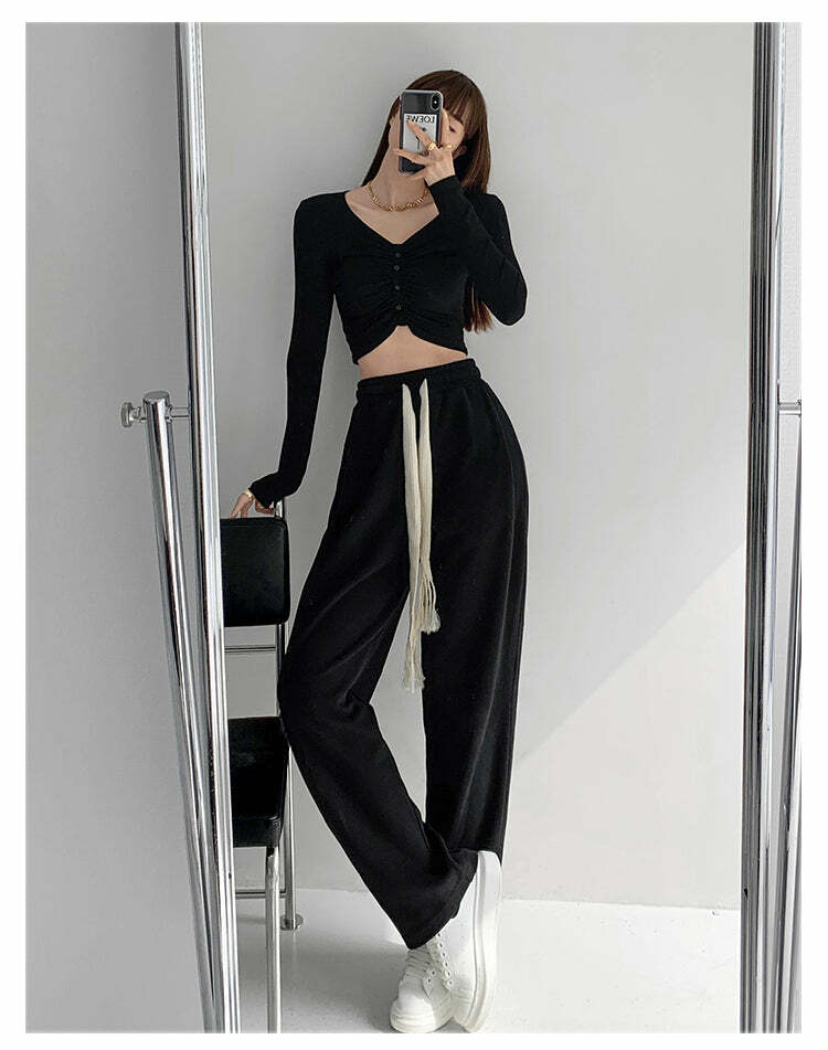 Y2K Summer Grunge Drawstring Mopping Pants - Retro 90s Fashion, Y2K Outfits, Pastel Goth Style