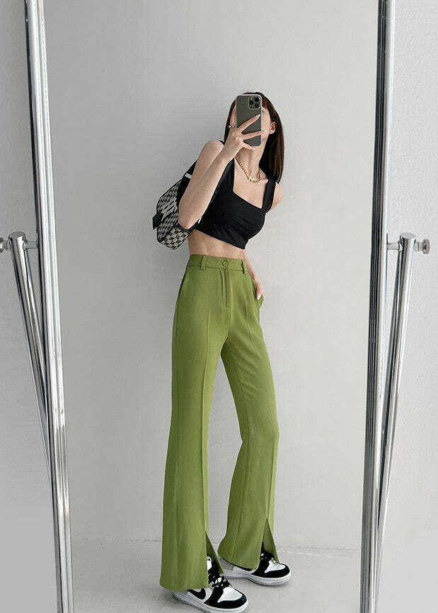 Y2K Summer Grunge Front Slit Mopping Pants - Retro 90s Fashion, Y2K Outfits, Pastel Goth