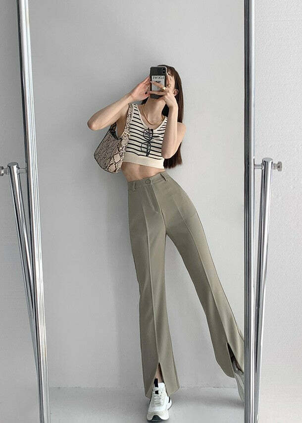 Y2K Summer Grunge Front Slit Mopping Pants - Retro 90s Fashion, Y2K Outfits, Pastel Goth