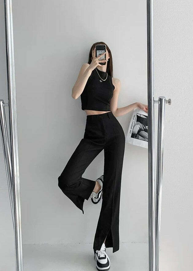 Y2K Summer Grunge Front Slit Mopping Pants - Retro 90s Fashion, Y2K Outfits, Pastel Goth