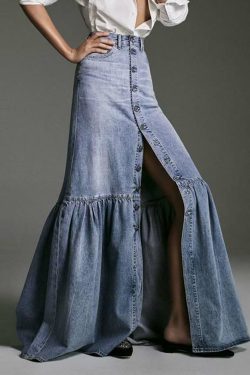 Y2K Summer High Waist Patchwork Ruffle Denim Skirt - Retro 90s Grunge Fashion