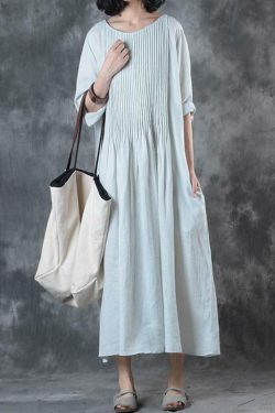 Y2K Summer Linen Dress - Loose Fit, Solid White with Pockets, Retro 90s Grunge Style