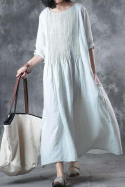 Y2K Summer Linen Dress - Loose Fit, Solid White with Pockets, Retro 90s Grunge Style