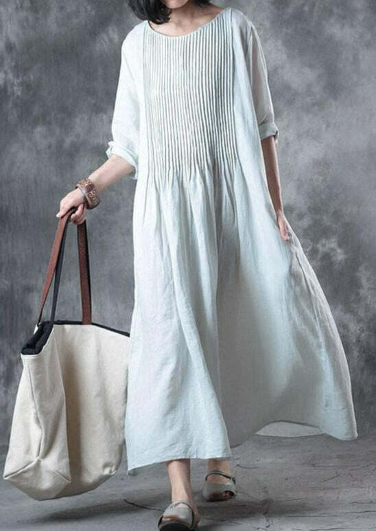 Y2K Summer Linen Dress - Loose Fit, Solid White with Pockets, Retro 90s Grunge Style