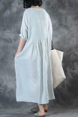 Y2K Summer Linen Dress - Loose Fit, Solid White with Pockets, Retro 90s Grunge Style