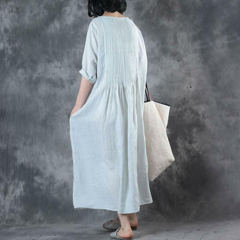 Y2K Summer Linen Dress - Loose Fit, Solid White with Pockets, Retro 90s Grunge Style