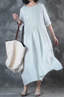 Y2K Summer Linen Dress - Loose Fit, Solid White with Pockets, Retro 90s Grunge Style