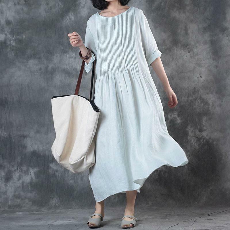 Y2K Summer Linen Dress - Loose Fit, Solid White with Pockets, Retro 90s Grunge Style